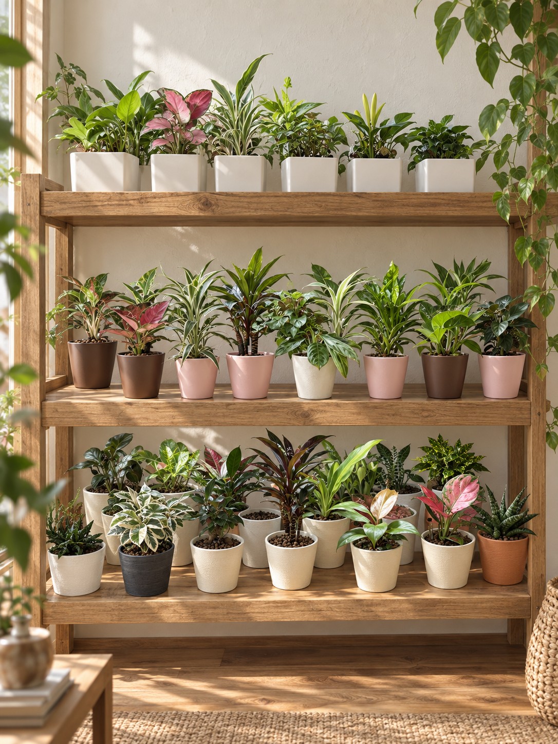 さまざまな植物を木の棚に並べた室内のイメージ